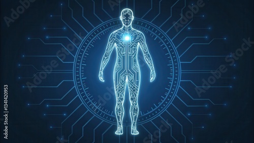 Futuristic human figure surrounded by circuitry and digital elements.