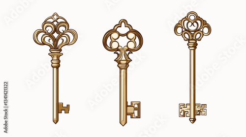 Unique set of three ornate keys showcasing modern design with intricate patterns and elegant shapes