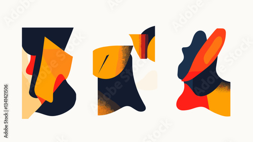Modern illustrative set showcasing abstract shapes in vibrant colors with a dynamic composition focusing on movement and form