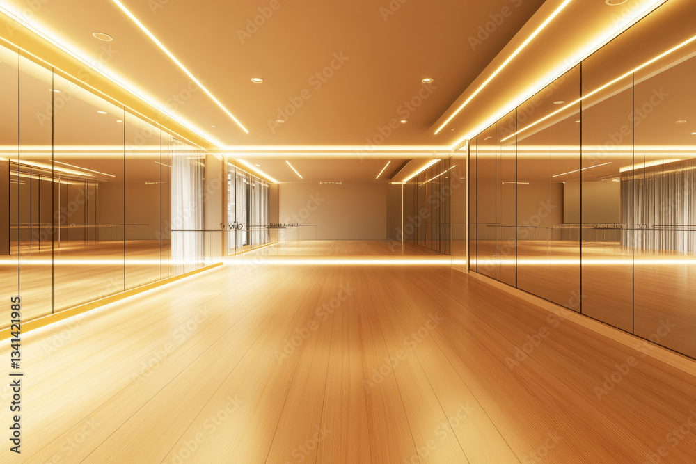 A sleek, modern dance studio 3D background room with floor-to-ceiling mirrors, polished wooden floors, and soft LED strip lighting. The minimalistic design, with ballet barres and high-tech sound