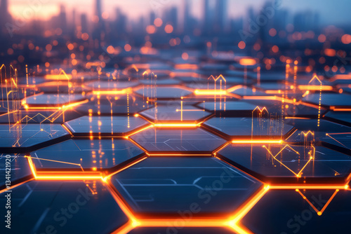 A futuristic cityscape-inspired 3D background with towering hexagonal panels forming an abstract skyline. The glowing lines outlining each structure add a high-tech aesthetic, creating a visually