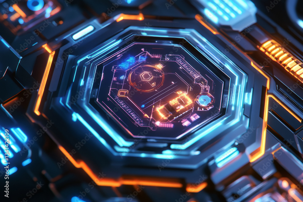 A deep-space exploration ship featuring hexagonal energy shields deflecting cosmic radiation. The glowing force fields, holographic navigation panels, and sleek metallic textures enhance the