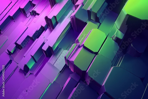 Obraz na płótnie A mesmerizing 3D background featuring hexagons that transition smoothly in color, creating a gradient effect from deep purple to neon green. The dynamic lighting and smooth reflections enhance the w salonie