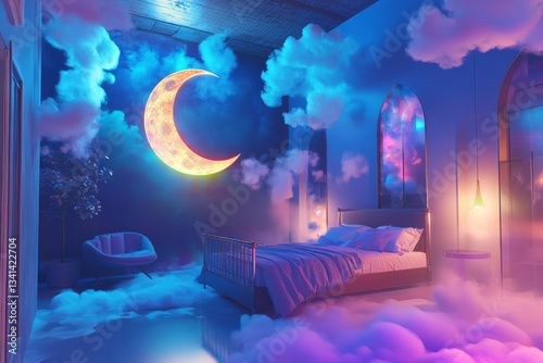 A surreal dreamscape bedroom 3D background room with floating furniture, a glowing crescent moon hanging from the ceiling, walls shifting colors with every breath, and soft, cloud-like floors that