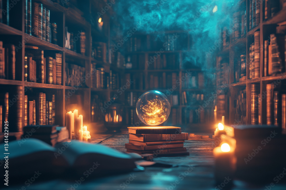 A hidden wizard’s library 3D background room with towering bookshelves, levitating candles, and an enchanted orb glowing softly in the dim candlelight. The air is filled with magical energy, giving