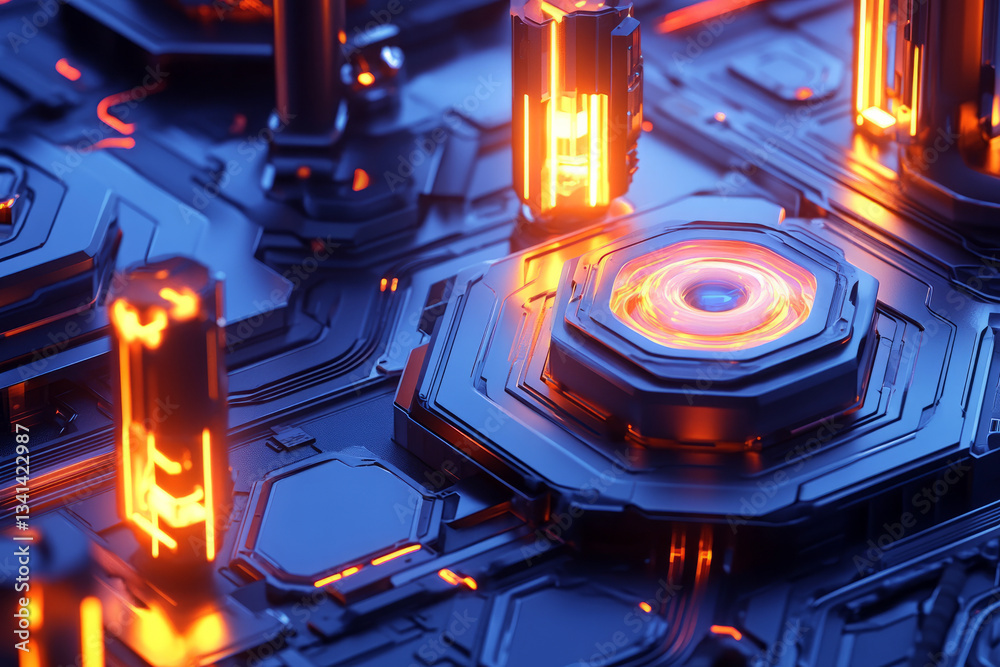 A next-gen energy station with hexagonal plasma reactors generating an unlimited power supply. The glowing energy cores pulse rhythmically, while robotic maintenance drones monitor efficiency. The