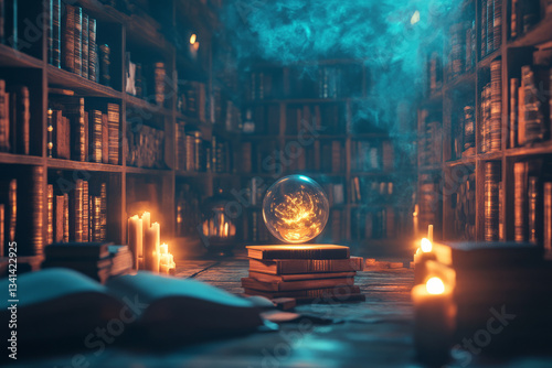 Obraz na płótnie A hidden wizard’s library 3D background room with towering bookshelves, levitating candles, and an enchanted orb glowing softly in the dim candlelight. The air is filled with magical energy, giving w salonie
