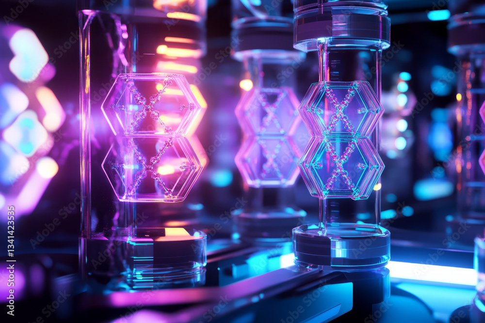 A high-tech medical research lab where glowing hexagonal DNA strands float in holographic display chambers. The advanced biotech aesthetics, combined with futuristic light effects, symbolize AI-driven