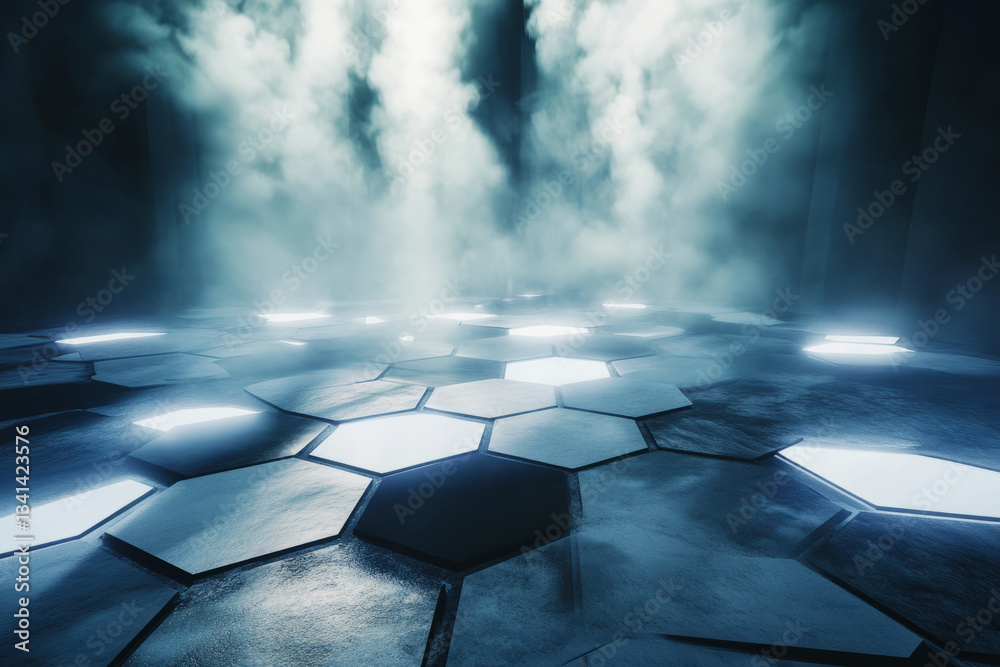 A surreal dreamscape where floating hexagonal tiles create an ever-changing maze. The shifting glowing patterns and atmospheric mist produce an abstract futuristic illusion, perfect for a digital