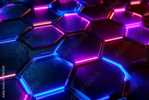 Obraz na płótnie A cyberpunk-inspired 3D hexagonal background featuring graffiti-covered neon panels. The mixture of urban street art, digital interfaces, and holographic glitches adds a rebellious underground w salonie