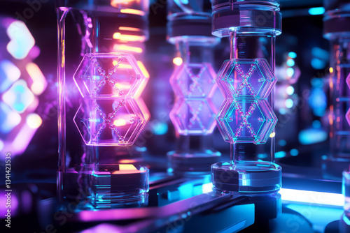 Obraz na płótnie A high-tech medical research lab where glowing hexagonal DNA strands float in holographic display chambers. The advanced biotech aesthetics, combined with futuristic light effects, symbolize AI-driven w salonie