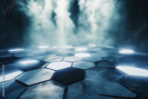 Obraz na płótnie A surreal dreamscape where floating hexagonal tiles create an ever-changing maze. The shifting glowing patterns and atmospheric mist produce an abstract futuristic illusion, perfect for a digital w salonie