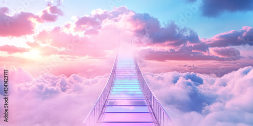 Obraz na płótnie A dreamlike 3D background of a floating glass bridge extending endlessly into the sky, surrounded by soft pink and blue clouds. The ethereal lighting enhances the surreal and peaceful atmosphere. w salonie