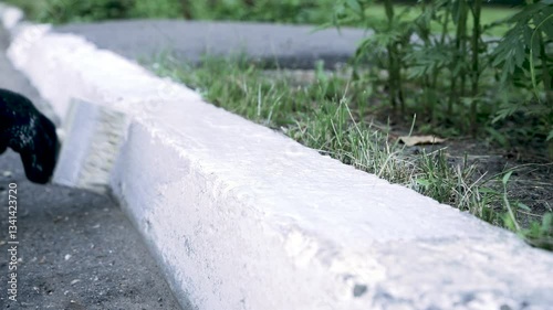 Wallpaper Mural Worker paints a roadside curb white with a brush. Whitewashing concrete barriers. Repair work in a park. Torontodigital.ca