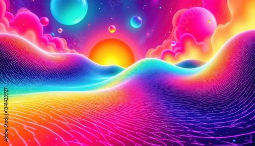 Vibrant Optical Waves: Illustrate a lively abstract composition with a combination of soft curves and sharp lines, using bright