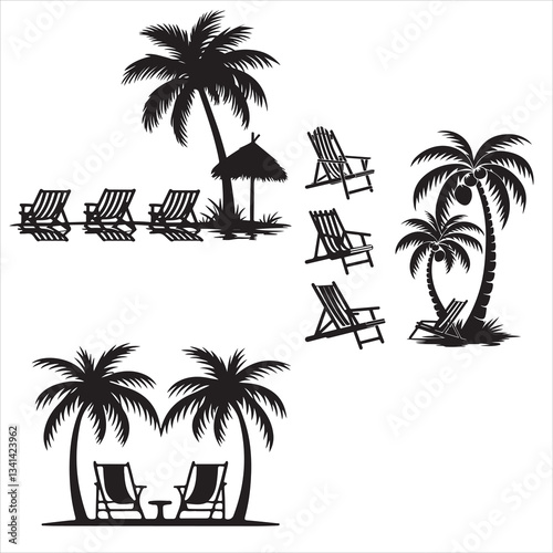 set vector various palam tree and beach chair, beach chair with umbrella silhouettes