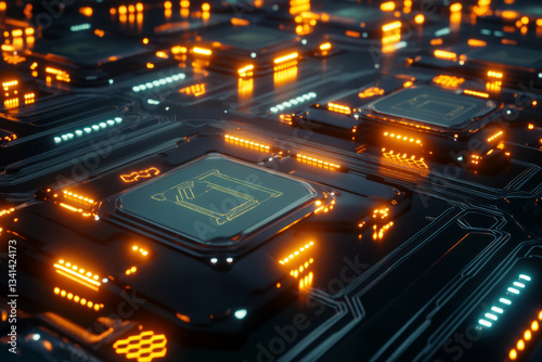 Obraz na płótnie A cybernetic 3D background featuring a grid of illuminated hexagons arranged on a sleek black surface. The hexagons are connected by thin, glowing circuits that pulse with rapid digital energy, w salonie