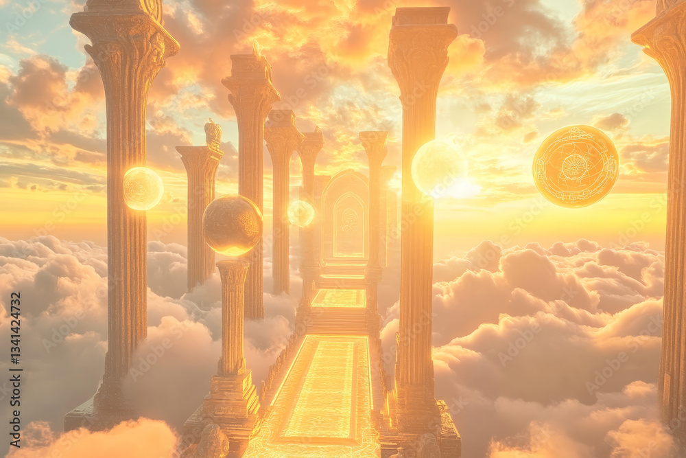 A floating sky temple 3D background room suspended high above the clouds, golden pathways leading to mystical energy altars, massive stone columns infused with divine symbols, glowing orbs hovering in