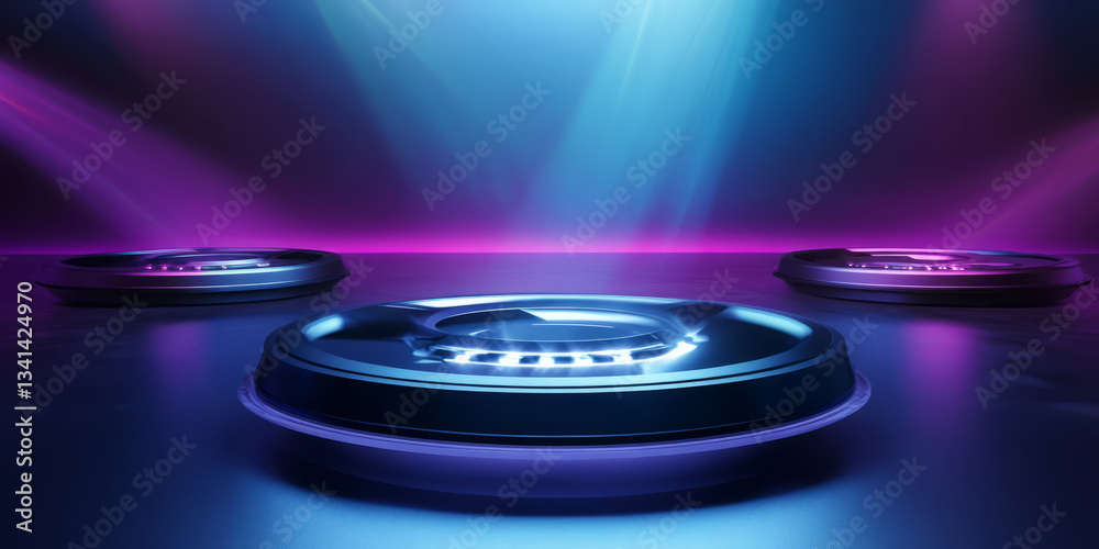 A futuristic 3D background with a sleek metallic surface, illuminated by soft neon blue and purple lights. Floating geometric shapes hover in the air, casting dynamic shadows. The atmosphere feels