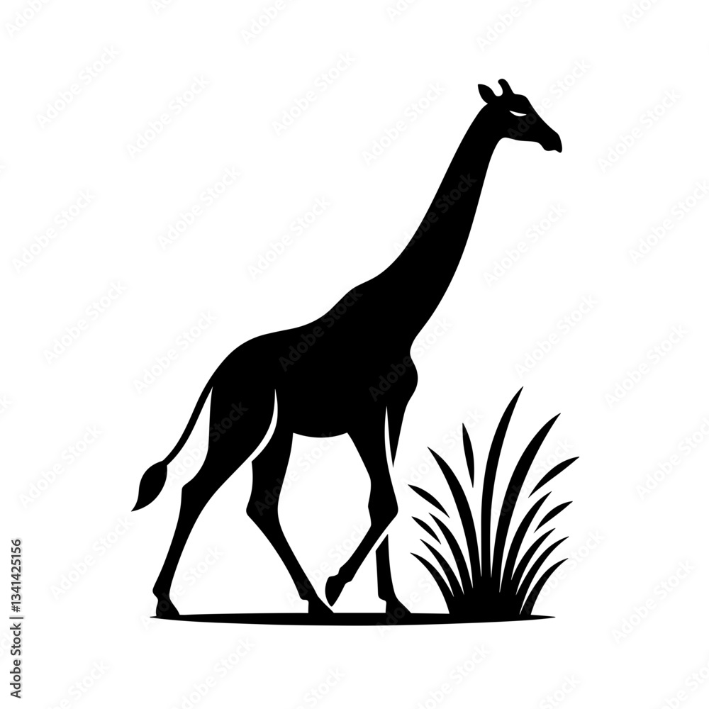 Fototapeta premium Giraffe near grass silhouette on white background