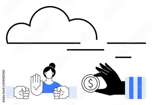 Outlines cloud above a woman raising a hand to refuse bribery gesture with coin extended. Highlights integrity, digital ethics, cloud business, social awareness, anti-corruption. Ideal for business