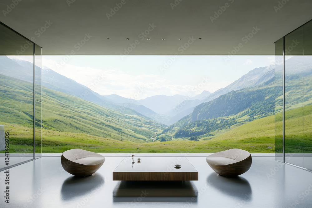 A sleek modern glass house 3D background room featuring panoramic views of a lush green valley. The minimalist interior design includes neutral tones, elegant wooden furniture, and soft natural light