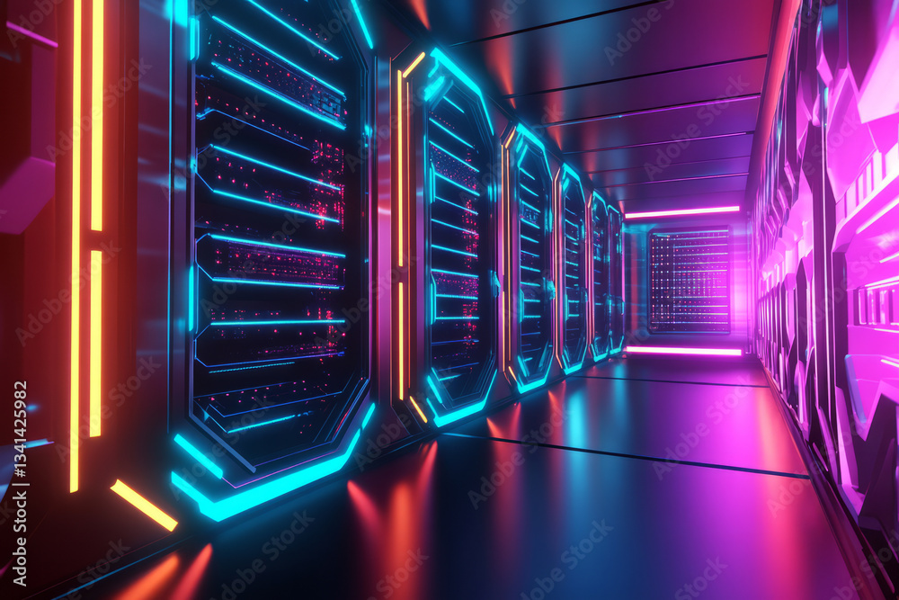 A high-tech data vault built from reinforced hexagonal energy barriers glowing in vibrant neon hues. The ultra-secure digital fortress houses encrypted information protected by AI-driven security