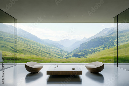Obraz na płótnie A sleek modern glass house 3D background room featuring panoramic views of a lush green valley. The minimalist interior design includes neutral tones, elegant wooden furniture, and soft natural light w salonie