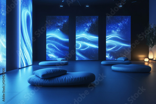 A futuristic zero-gravity meditation chamber 3D background room with floating cushions, glowing blue walls with shifting energy patterns, and a tranquil soundscape playing in the background. The