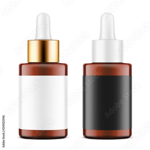 Dropper bottle mockup isolated on white background. Vector illustration. Front view. Сan be used for cosmetic, medical and other needs. EPS10.	