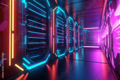 Obraz na płótnie A high-tech data vault built from reinforced hexagonal energy barriers glowing in vibrant neon hues. The ultra-secure digital fortress houses encrypted information protected by AI-driven security w salonie