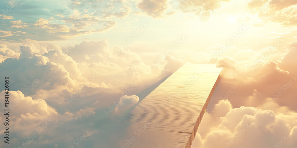 A surreal 3D background featuring a floating bridge leading into an endless sky, with soft pastel clouds and golden sunlight filtering through. The dreamlike quality enhances the sense of wonder and