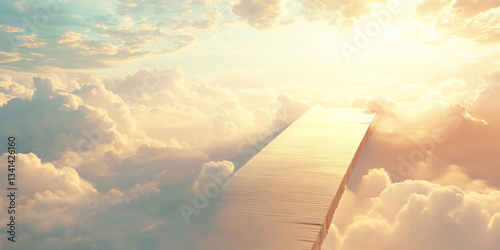 Obraz na płótnie A surreal 3D background featuring a floating bridge leading into an endless sky, with soft pastel clouds and golden sunlight filtering through. The dreamlike quality enhances the sense of wonder and w salonie