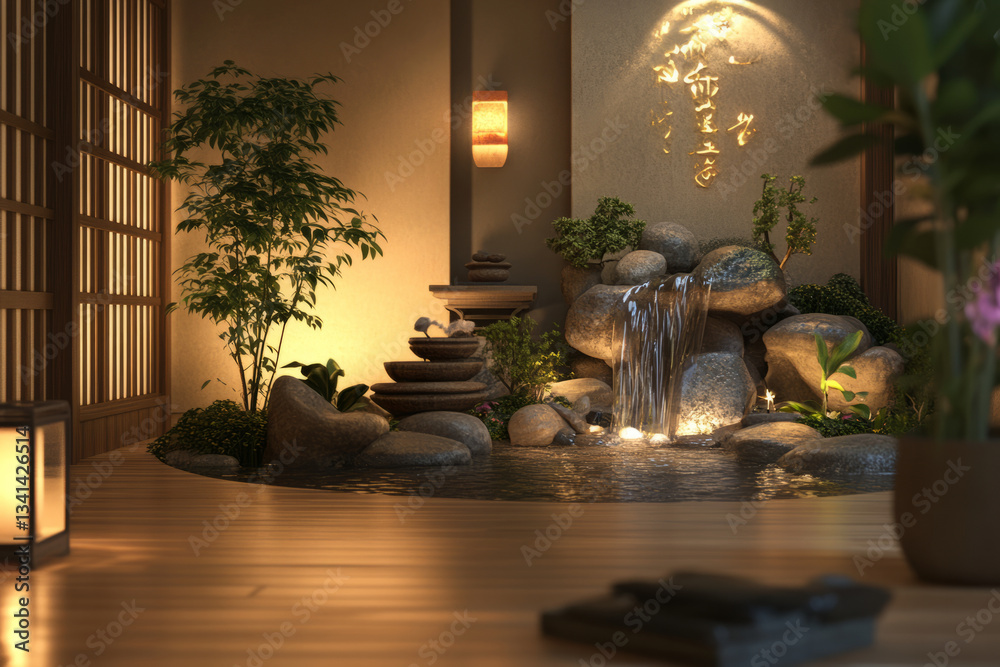 A serene Zen meditation room 3D background with soft warm lighting, natural bamboo floors, and a rock garden in the center. A small waterfall trickles peacefully in the corner, and the air is filled