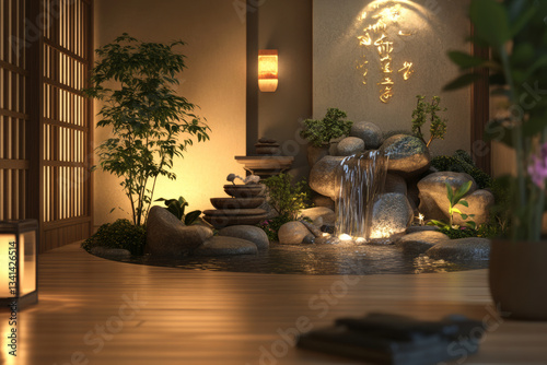 Obraz na płótnie A serene Zen meditation room 3D background with soft warm lighting, natural bamboo floors, and a rock garden in the center. A small waterfall trickles peacefully in the corner, and the air is filled w salonie