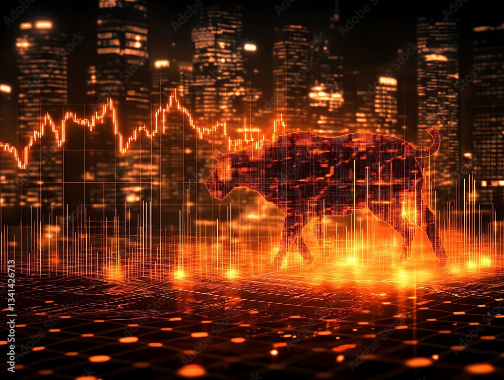 Fototapeta premium Neon Dog Walking in City with financial graph in background