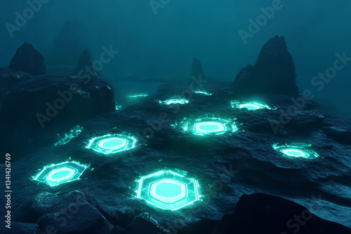 Obraz na płótnie A deep underwater 3D background with bioluminescent hexagons forming a mysterious ocean floor pattern. The glowing blue-green hues resemble deep-sea creatures, adding an organic sci-fi element to the w salonie