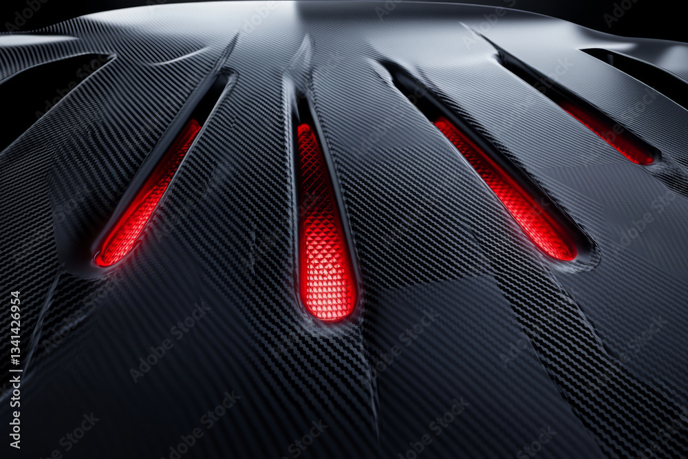 A sleek automotive-inspired 3D background featuring carbon fiber hexagonal panels with glossy, aerodynamic surfaces. Red LED accents highlight the pattern, creating a racing-inspired high-performance