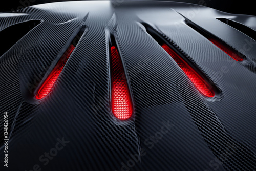 Obraz na płótnie A sleek automotive-inspired 3D background featuring carbon fiber hexagonal panels with glossy, aerodynamic surfaces. Red LED accents highlight the pattern, creating a racing-inspired high-performance w salonie