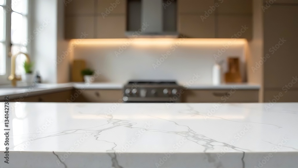 Marble table top front view, blur minimalistic dark scandy kitchen interior background, for montage product display or design key visual layout Marble table top front view, blur minimalistic dark scandy kitchen interior background, for montage product display or design key visual layout