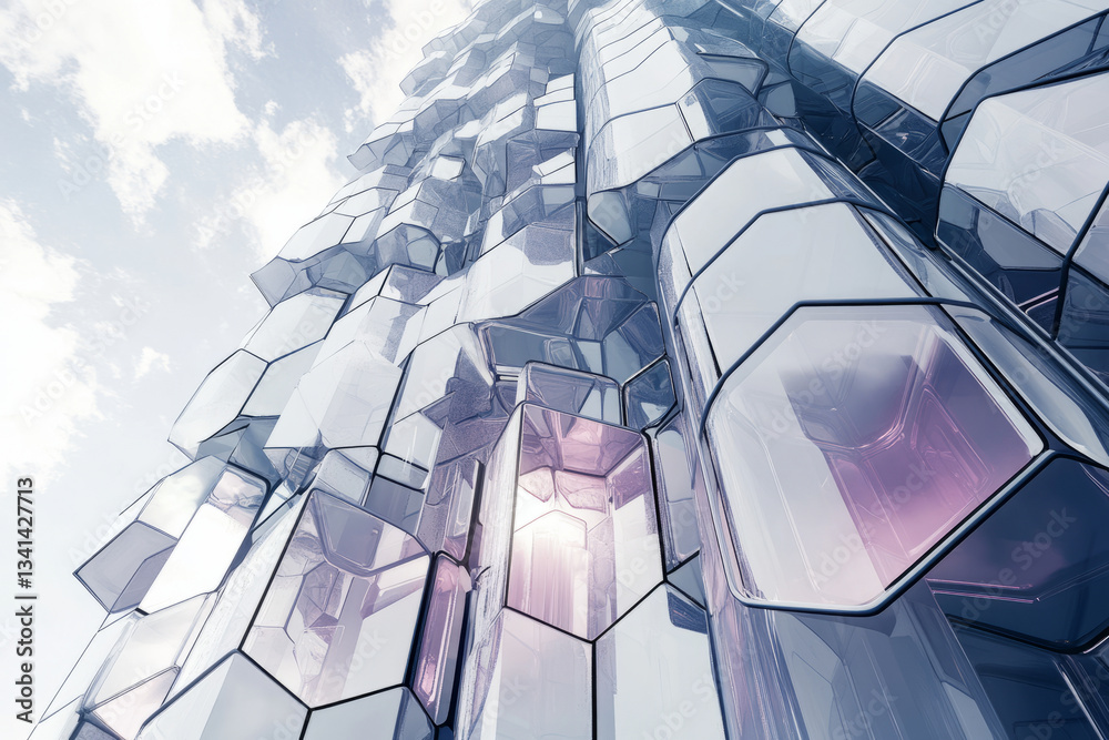 A high-tech futuristic skyscraper with hexagonal glass windows that change opacity dynamically. The AI-controlled smart building integrates self-regulating climate control and energy-efficient