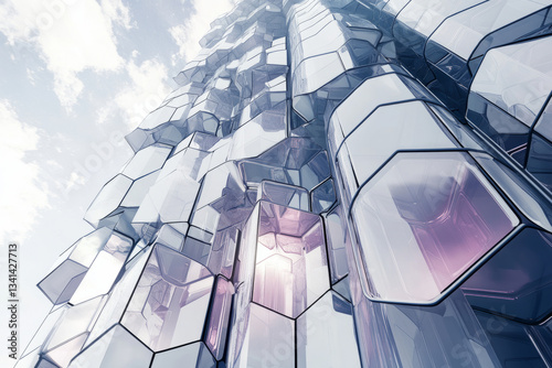 Obraz na płótnie A high-tech futuristic skyscraper with hexagonal glass windows that change opacity dynamically. The AI-controlled smart building integrates self-regulating climate control and energy-efficient w salonie