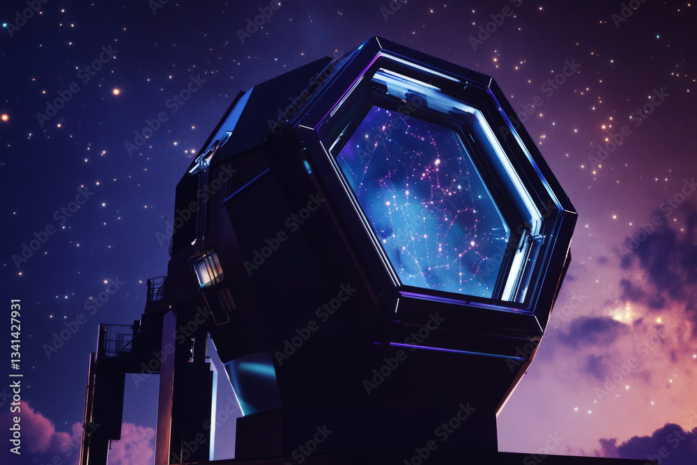 A deep-space observatory with massive hexagonal glass windows offering a breathtaking view of a distant galaxy. The futuristic research station is equipped with AI-driven star charts, real-time