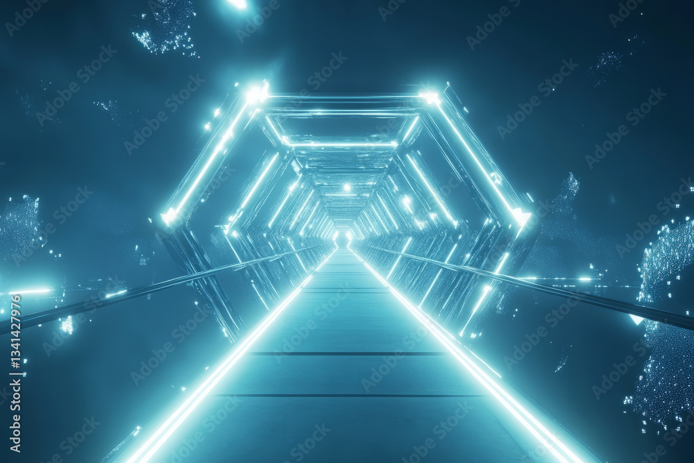 A dynamic floating hexagonal bridge stretching into an endless futuristic void. The glowing edges and transparent surfaces create a cybernetic dreamscape, perfect for abstract technology and sci-fi
