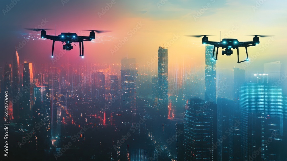 Futuristic surveillance: AI-powered drones patrol a vibrant cityscape skyline Futuristic surveillance: AI-powered drones patrol a vibrant cityscape skyline