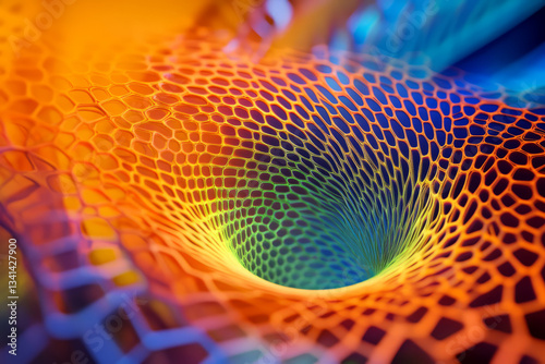 Obraz na płótnie A mesmerizing 3D vortex where swirling hexagonal fragments create a hypnotic illusion of infinite movement. The dynamic energy swirls blend vibrant neon hues, forming an abstract yet futuristic sci-fi w salonie