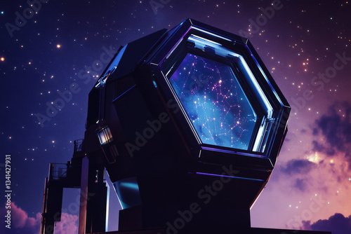 Obraz na płótnie A deep-space observatory with massive hexagonal glass windows offering a breathtaking view of a distant galaxy. The futuristic research station is equipped with AI-driven star charts, real-time w salonie