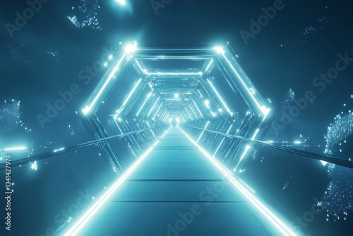 Obraz na płótnie A dynamic floating hexagonal bridge stretching into an endless futuristic void. The glowing edges and transparent surfaces create a cybernetic dreamscape, perfect for abstract technology and sci-fi w salonie