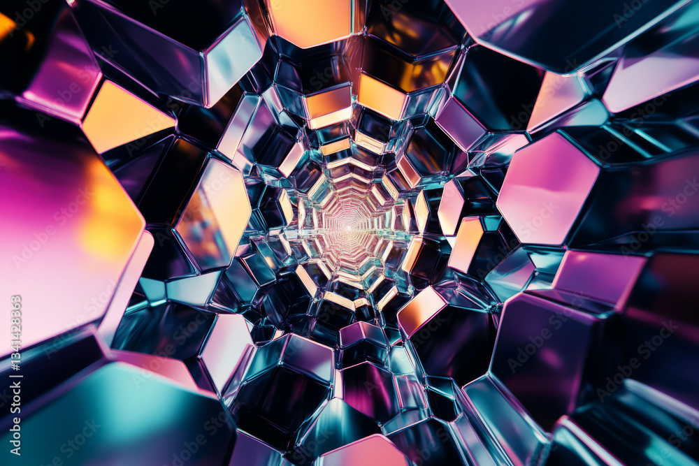 A surreal 3D background where hexagons appear as windows into alternate realities, each reflecting a different abstract pattern. The combination of vibrant colors and shifting perspectives creates a
