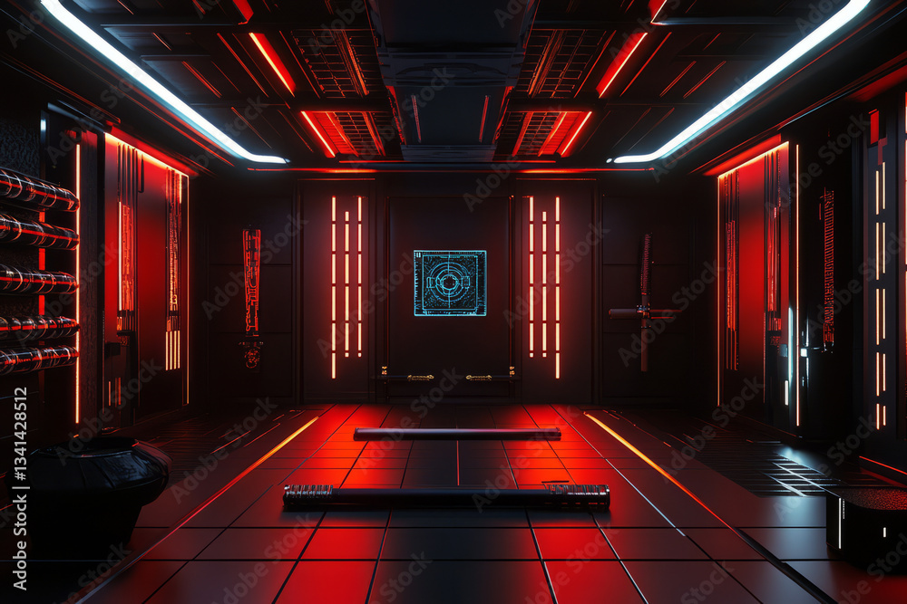 A high-tech cyber dojo 3D background room with interactive training holograms, sleek black-and-red interior design, and glowing neon katana racks. The space blends traditional martial arts with